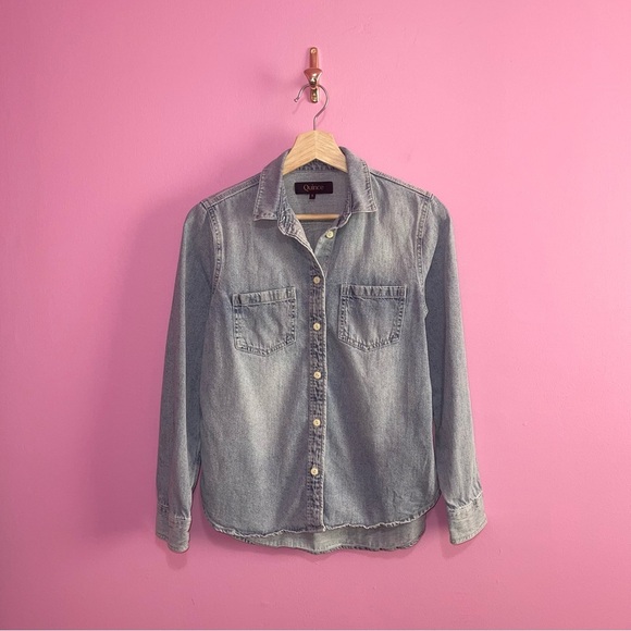 Quince Denim Shirt Women’s Size Small Distressed Blue Long Sleeve Button Down - Picture 3 of 14